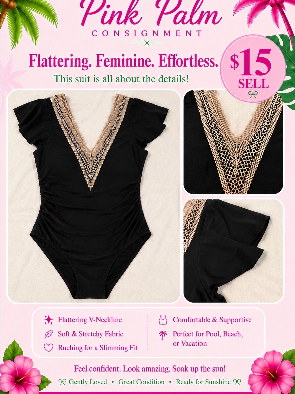 Pink Palm Black One-Piece Swimsuit with Crochet V-Neck